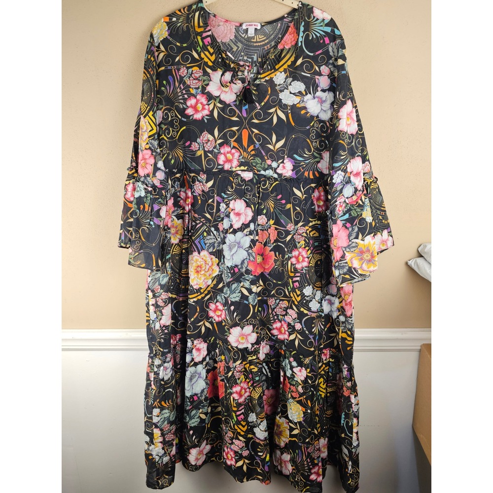 Johnny‎ Was Womens Black Floral Peace Ruffle Tiered Midi Dress Large Boho
